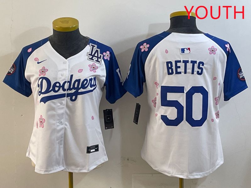 Youth Los Angeles Dodgers #50 Betts White Blue Sakura Edition 2025 Nike MLB Jersey style 5->youth mlb jersey->Youth Jersey